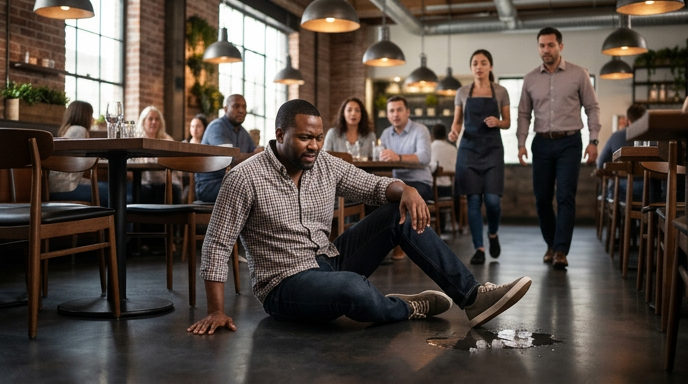 Person assisted after slipping on a wet floor in a building