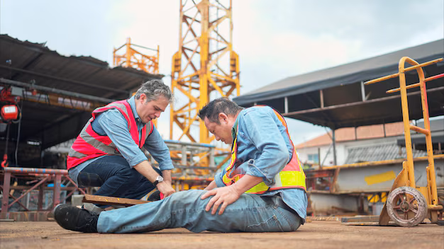 Construction worker speaking with an attorney at a job site